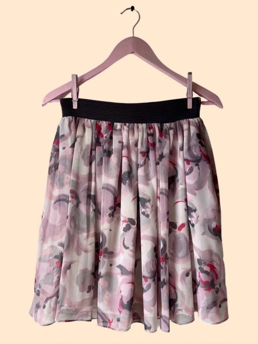 REISS Floral Pleated A-Line Skirt in Pink and Gray Sz 6 w Stretchable Waistband